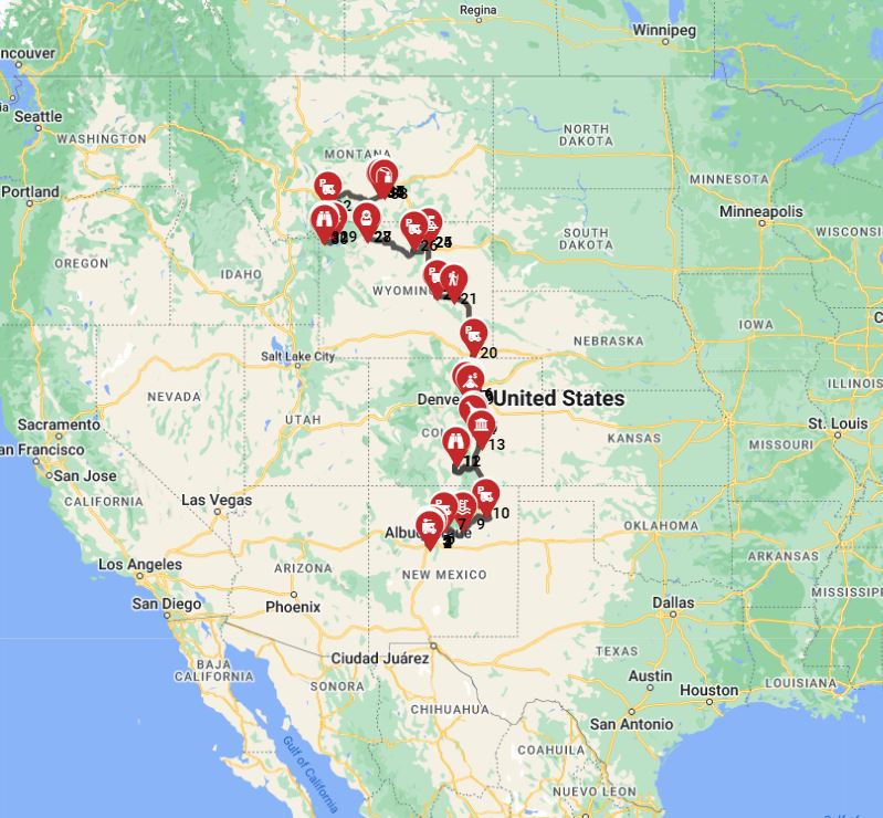 Map for Albuquerque to Billings - Including Yellowstone